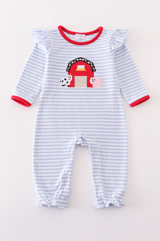 Stripe Farm Applique Girl Romper