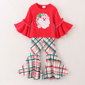 Girls Christmas Plaid Santa Applique Outfit Set