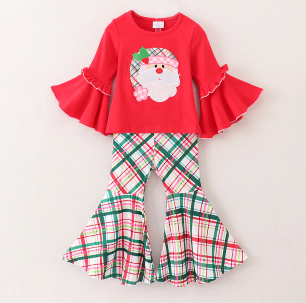 Girls Christmas Plaid Santa Applique Outfit Set