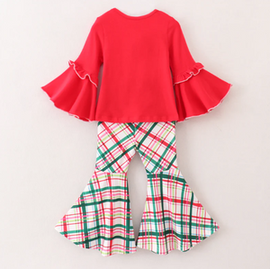 Girls Christmas Plaid Santa Applique Outfit Set