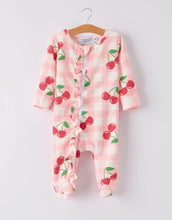 Load image into Gallery viewer, Waffle Cherry Plaid Zip Up Romper
