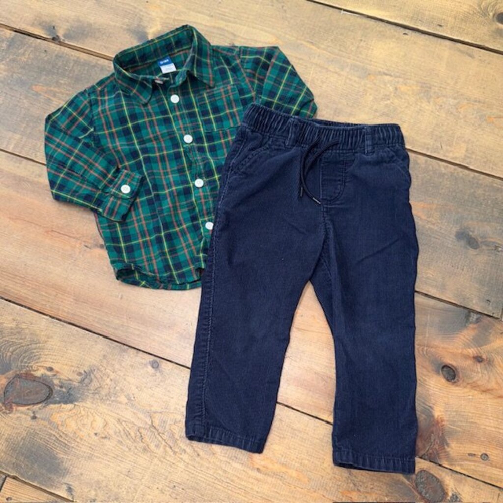 Plaid Button Up Shirt & Corduroy Outfit 12/18M