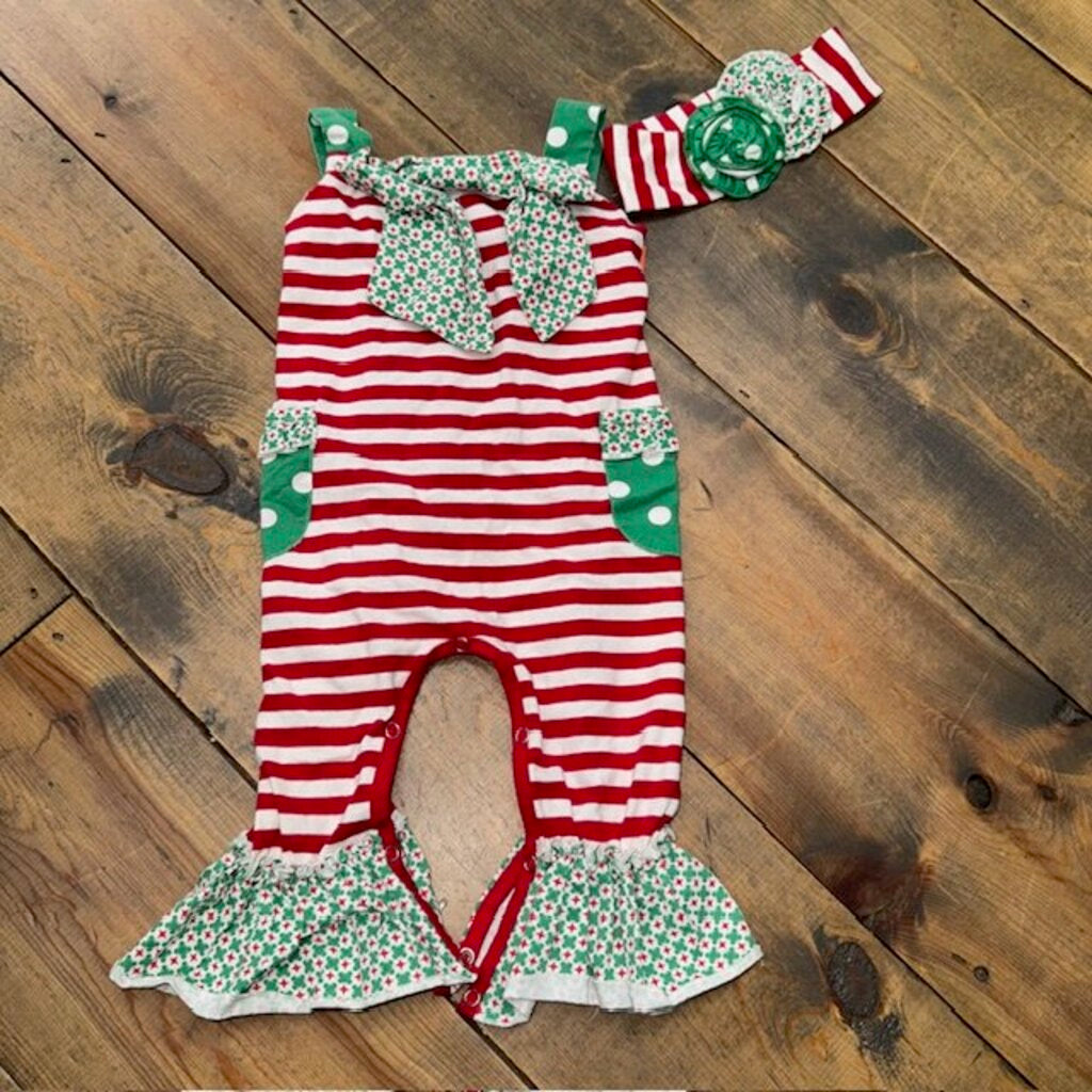 Christmas Stripe romper with headband 18M