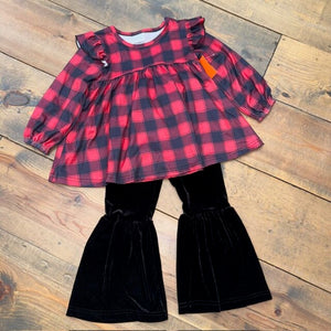 LS plaid ruffle top with flare pants 3T