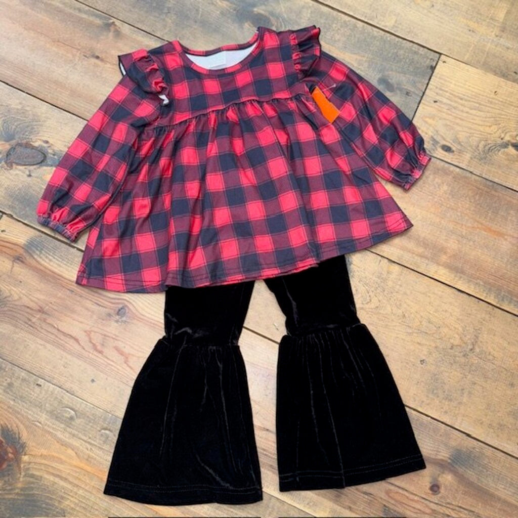 LS plaid ruffle top with flare pants 3T
