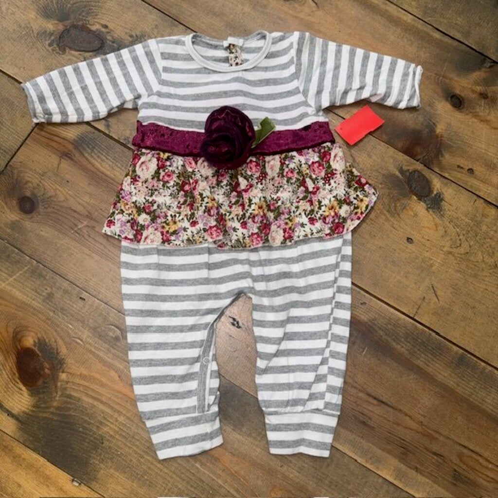 stripe romper with floral ruffle/rose 9M