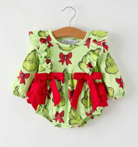 Grinch Christmas Romper with Red Bows