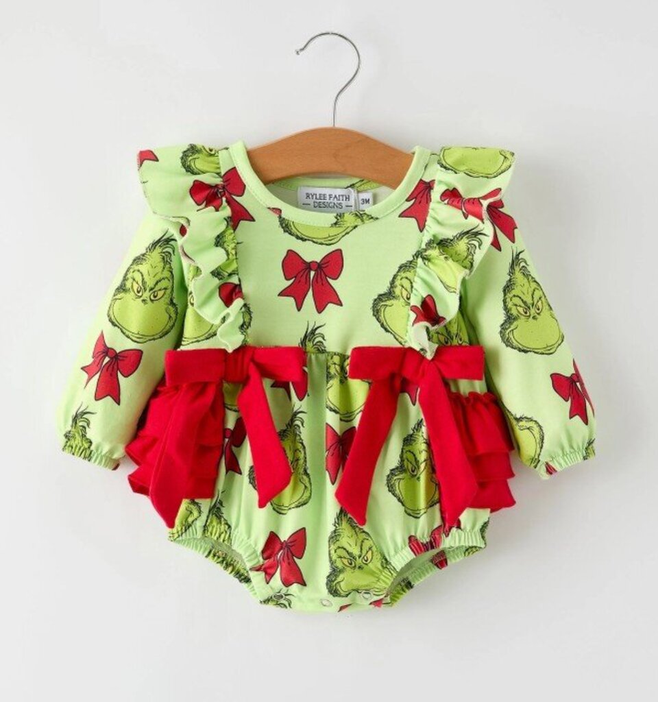 Grinch Christmas Romper with Red Bows