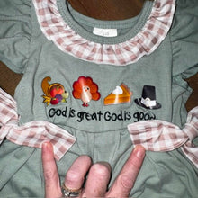 Load image into Gallery viewer, GOD IS GREAT Gingham Thanksgiving Romper
