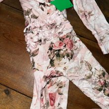 Load image into Gallery viewer, Vintage Pink Rose Bamboo Ruffled Sleeper 9/12M
