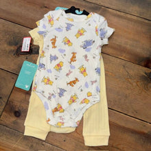 Load image into Gallery viewer, NEW! Pooh Bodysuit Jogger Bib Set 6/9M
