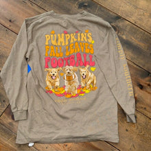 Load image into Gallery viewer, Pumpkins, Fall Leaves,and football tee YL (14/16)
