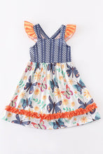 Load image into Gallery viewer, Navy Butterfly Floral Ruffle Dress
