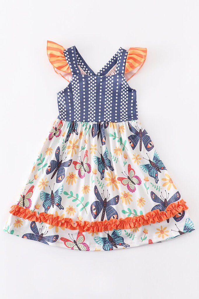 Navy Butterfly Floral Ruffle Dress
