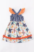Load image into Gallery viewer, Navy Butterfly Floral Ruffle Dress
