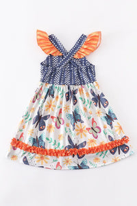 Navy Butterfly Floral Ruffle Dress