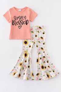 Coral sunflower print bell pants set